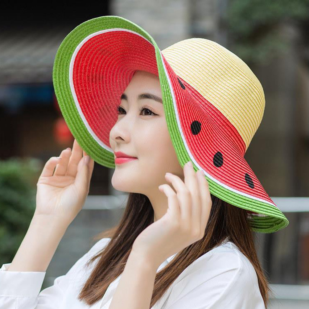 Sun Hat Wide Brim - 女の子用スイカ柄麦わら帽子 夏用つば広サンキャップ UVカット 幼児用ビーチ旅行 アウトドアガーデニングキャップ 子供用麦わら帽子