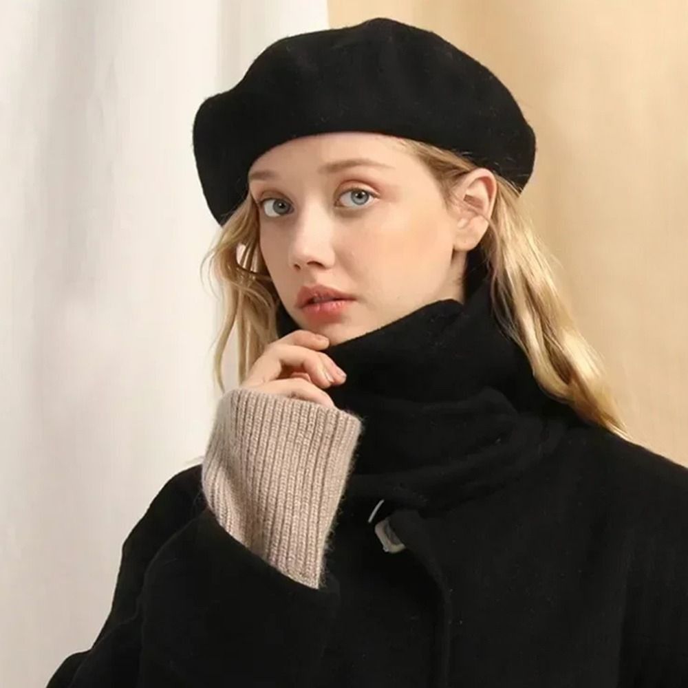 Beret French Wool - ファッショナブルな暖かい冬用ウールベレー帽 レトロな無地のフランス風アーティストハット エレガントなフェルトベレー帽 女性・女の子向け
